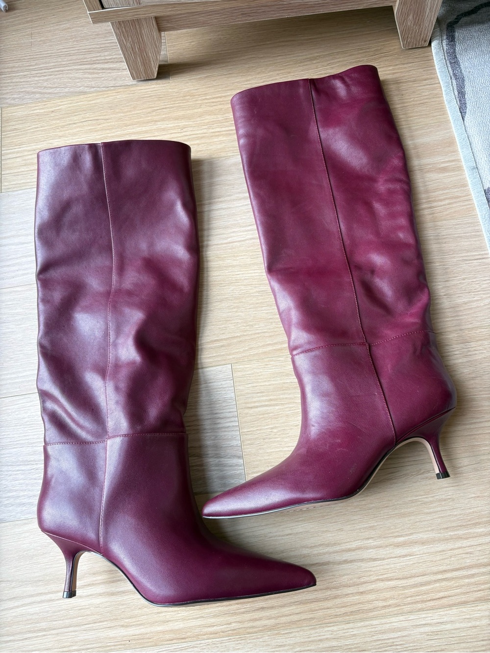 Burgundy Leather Knee-High Boots - Women's Pointed Toe Kitten Heel